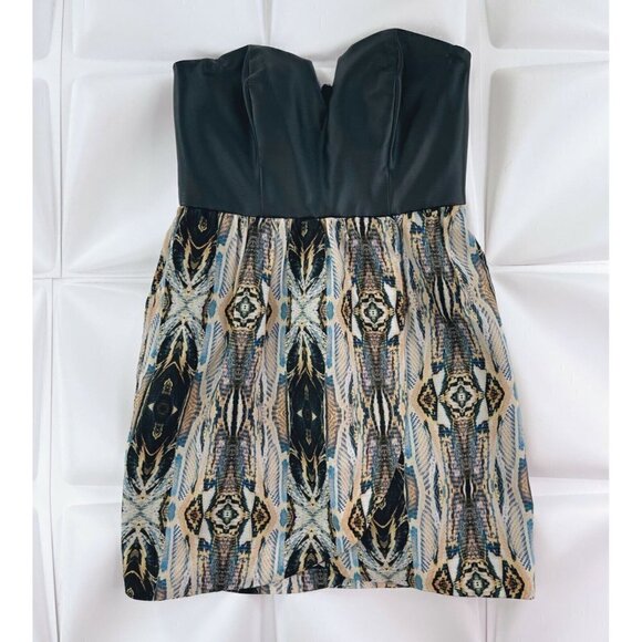 Ladakh Sz 2 Black Faux Leather Strapless Mini Dress Faux Wrap Tulip Snake Print - Picture 2 of 11